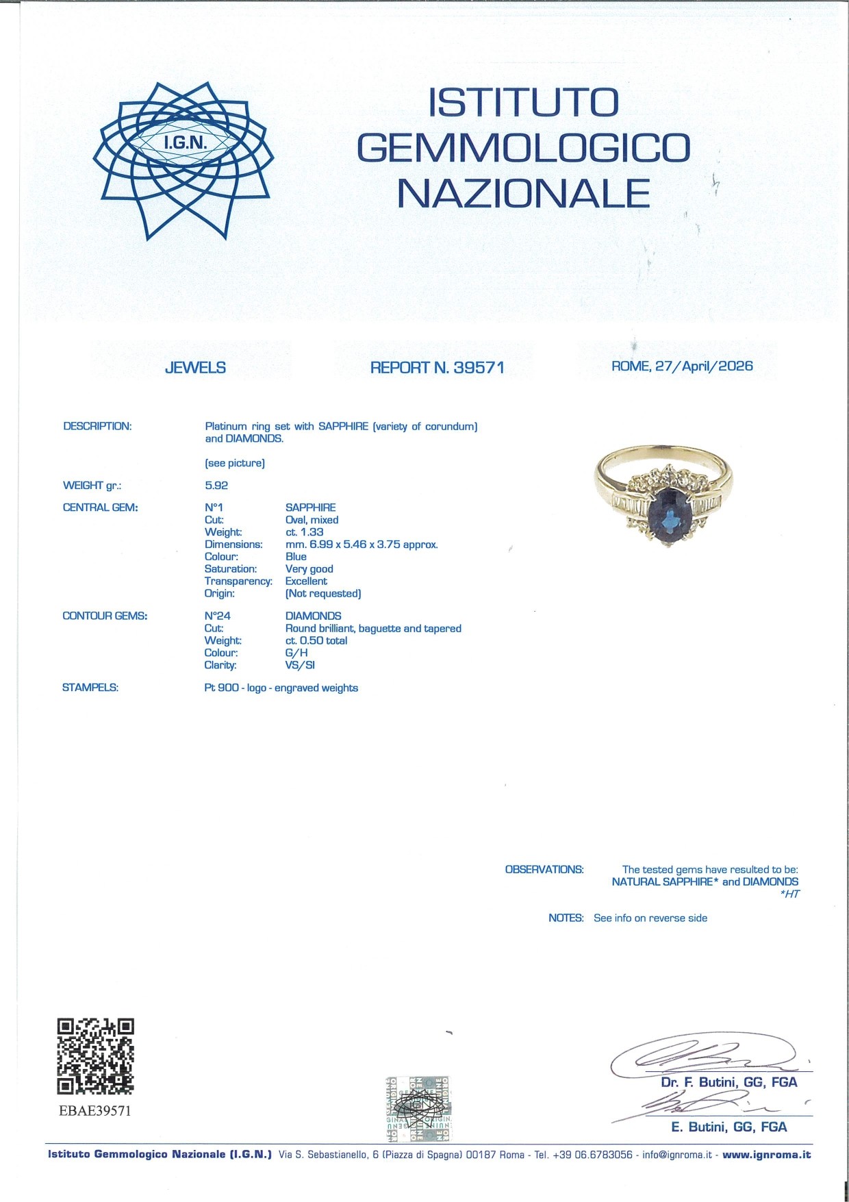 Anello in platino, zaffiro ovale, diamanti taglio brillante e baguette