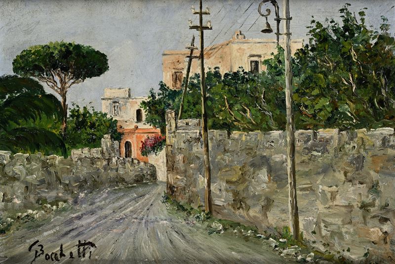 Gaetano Bocchetti - Strada in periferia, olio su legno