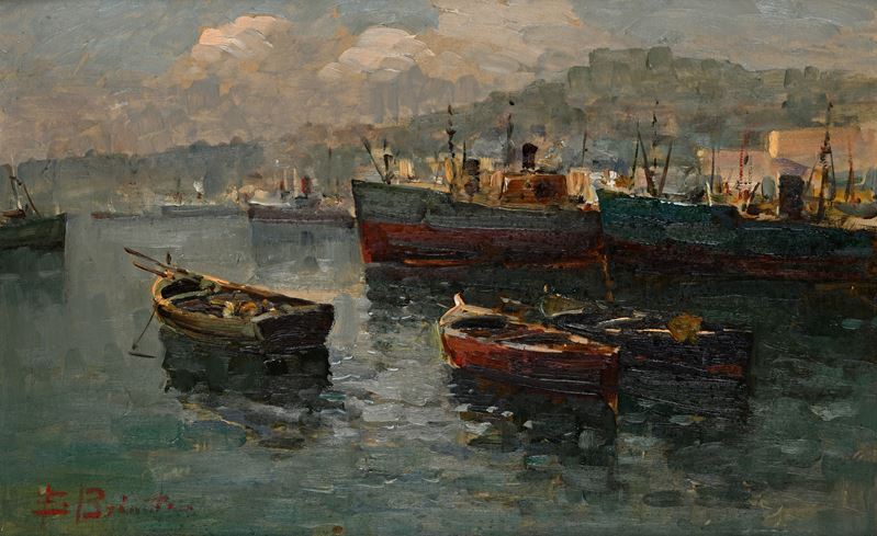 Ezelino Briante - Barche a Napoli, olio su cartone