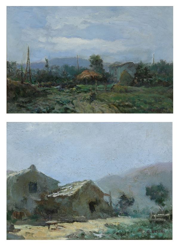 Coppia di vedute con casolari in campagna
