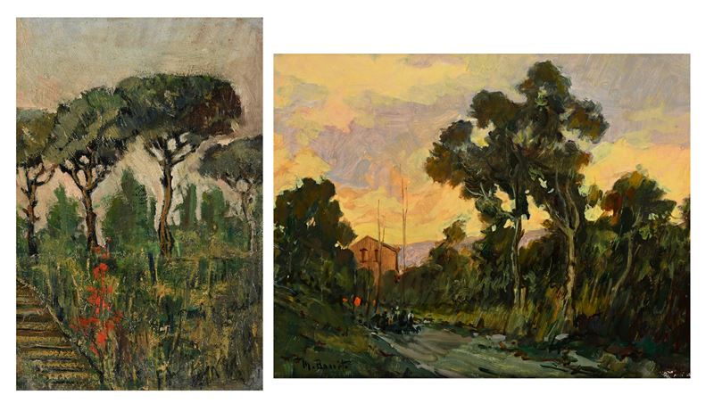 Scuola Napoletana del XX Secolo - Due vedute di campagna (a) e (b)