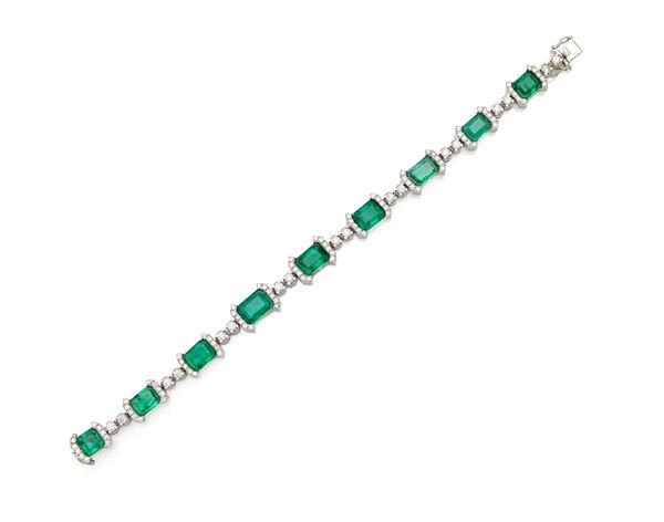 Bracciale in platino, diamanti e smeraldi