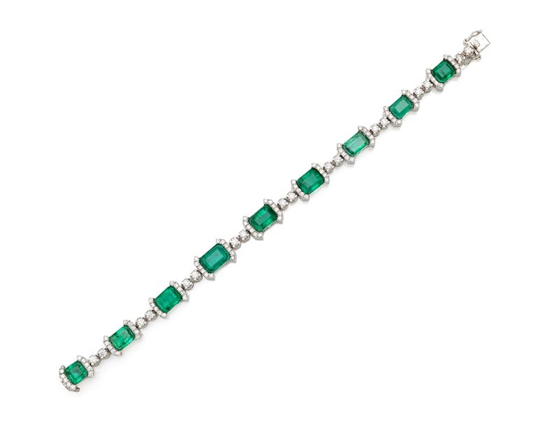 Bracciale in platino, diamanti e smeraldi