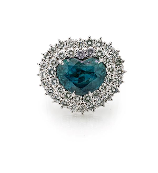 Anello in oro, zaffiro in taglio cuore e brillanti