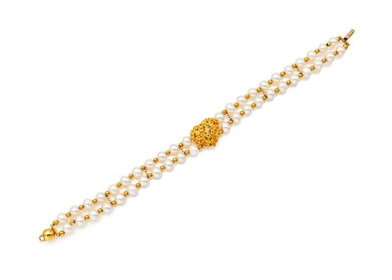 Trea, bracciale in oro giallo 750/000 con perle e quarzi citrino