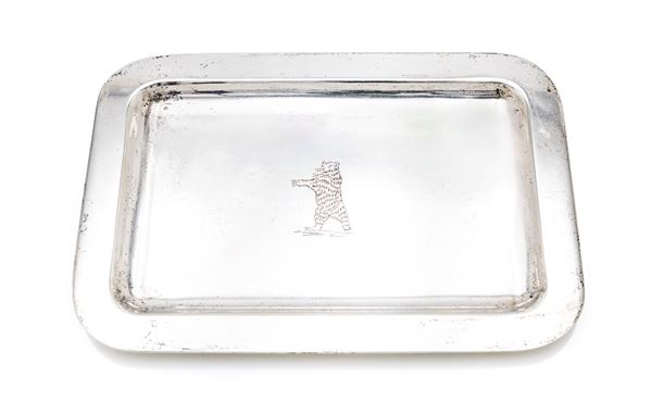 Piattino svuota tasche in argento 925/000 con orso inciso, R. del Vecchio