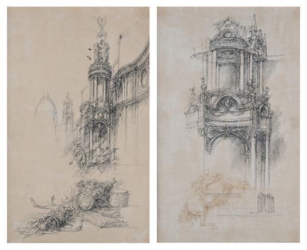 Riccardo Tommasi Ferroni - Coppia di disegni su carta raffigurante Chiese Barocche