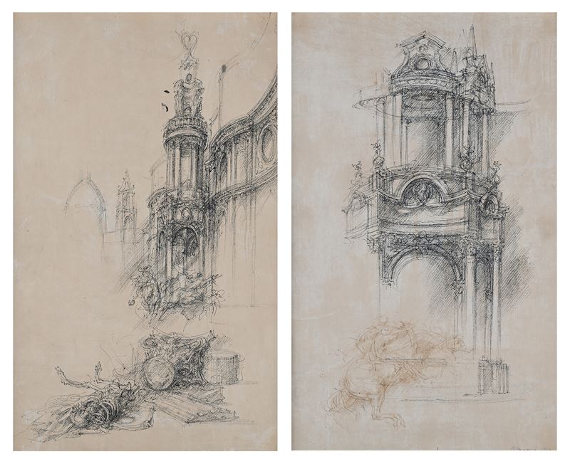 Riccardo Tommasi Ferroni - Coppia di disegni raffiguranti chiese barocche