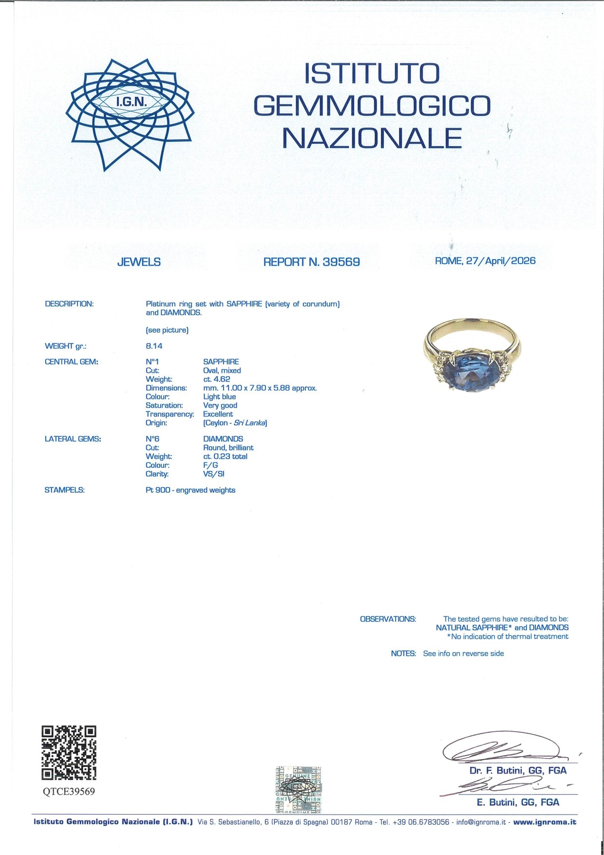 Anello in platino, zaffiro e diamanti