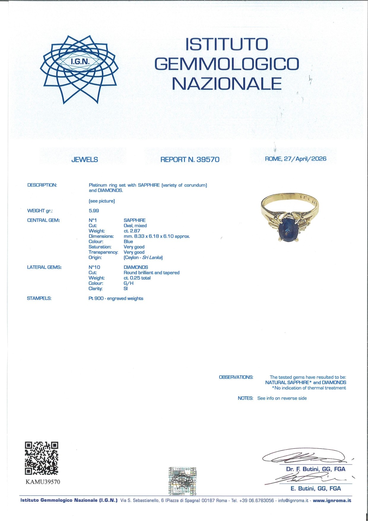 Anello in platino 900 con zaffiro ovale Ceylon e diamanti
