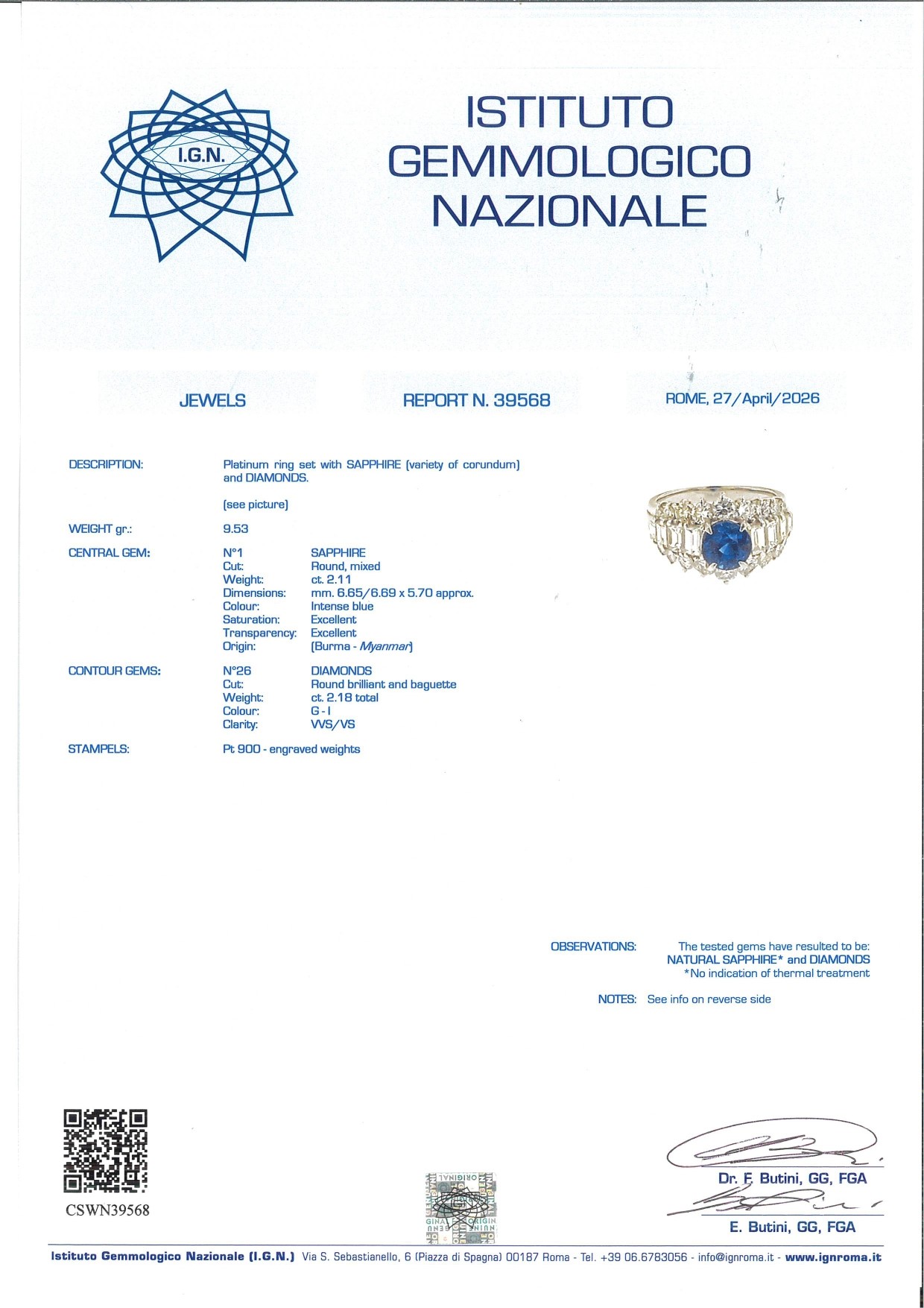 Anello in platino, zaffiro e diamanti
