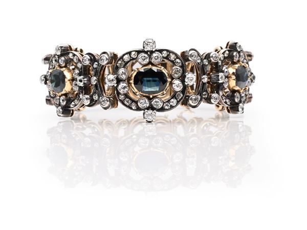 Bracciale antico in oro, argento, diamanti e zaffiri