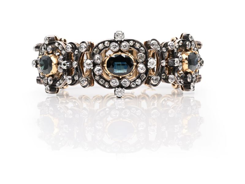 Bracciale antico in oro, argento, diamanti e zaffiri