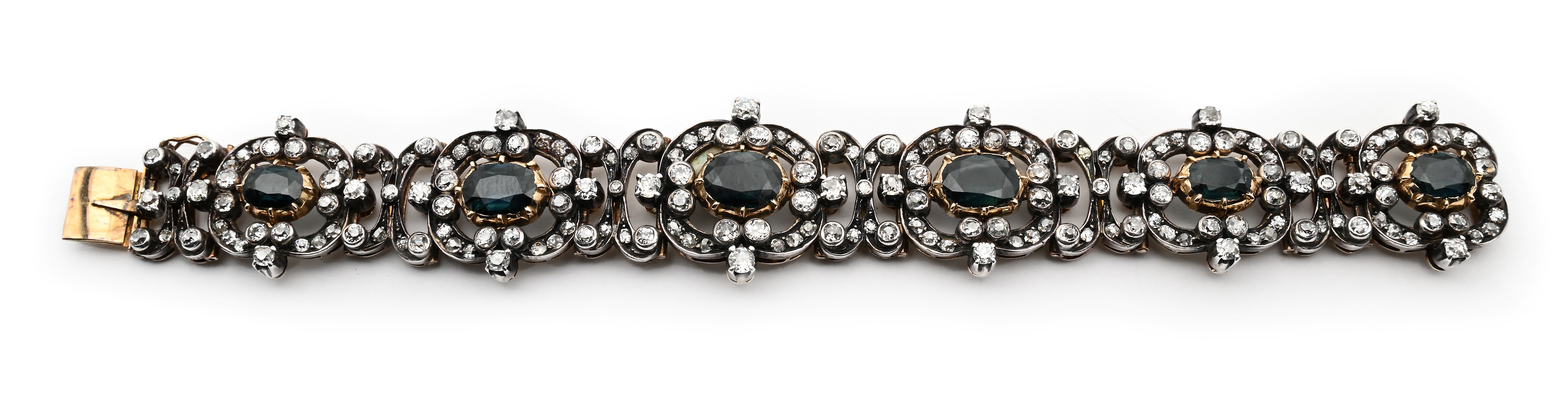 Bracciale antico in oro, argento, diamanti e zaffiri