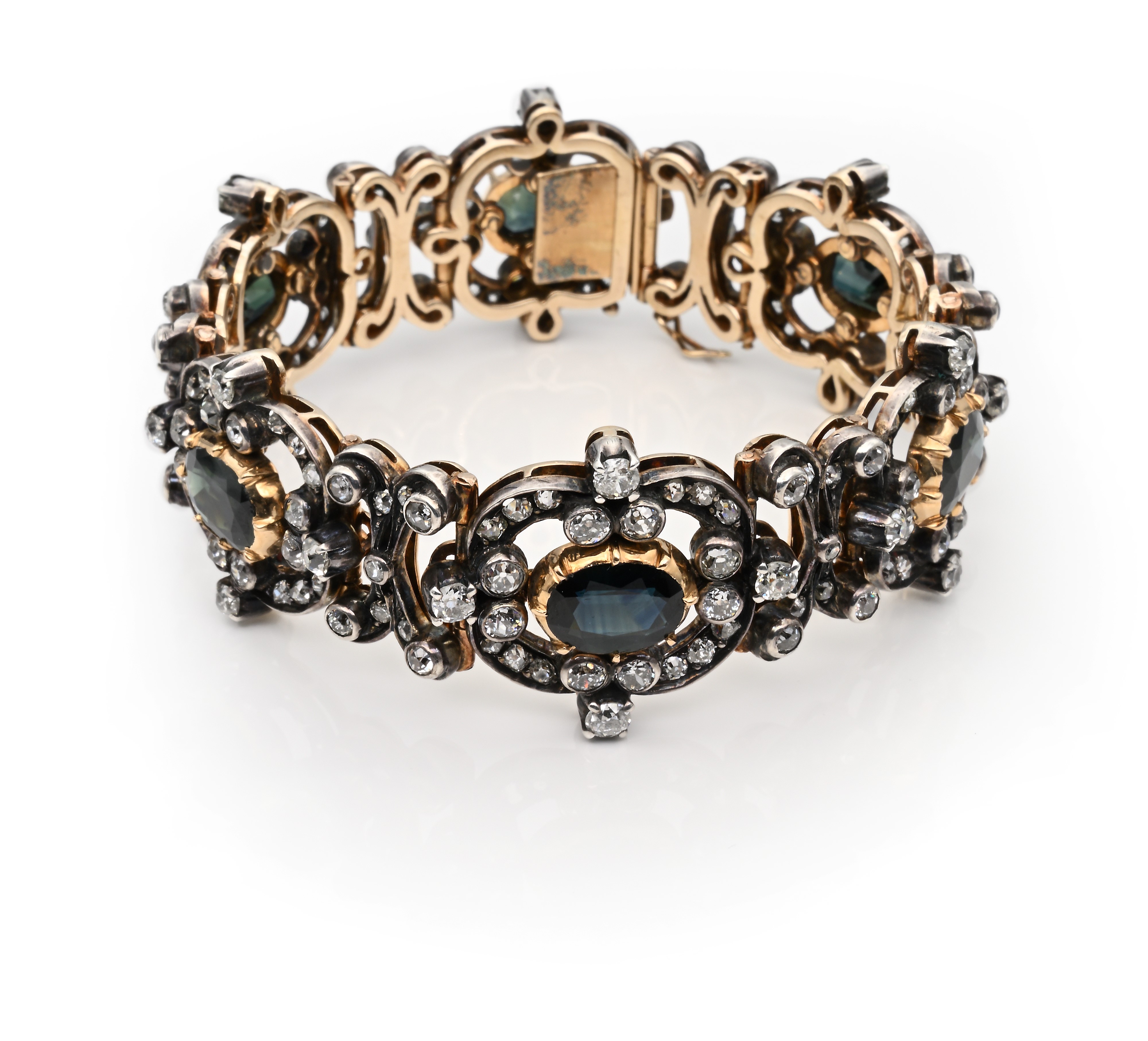 Bracciale antico in oro, argento, diamanti e zaffiri