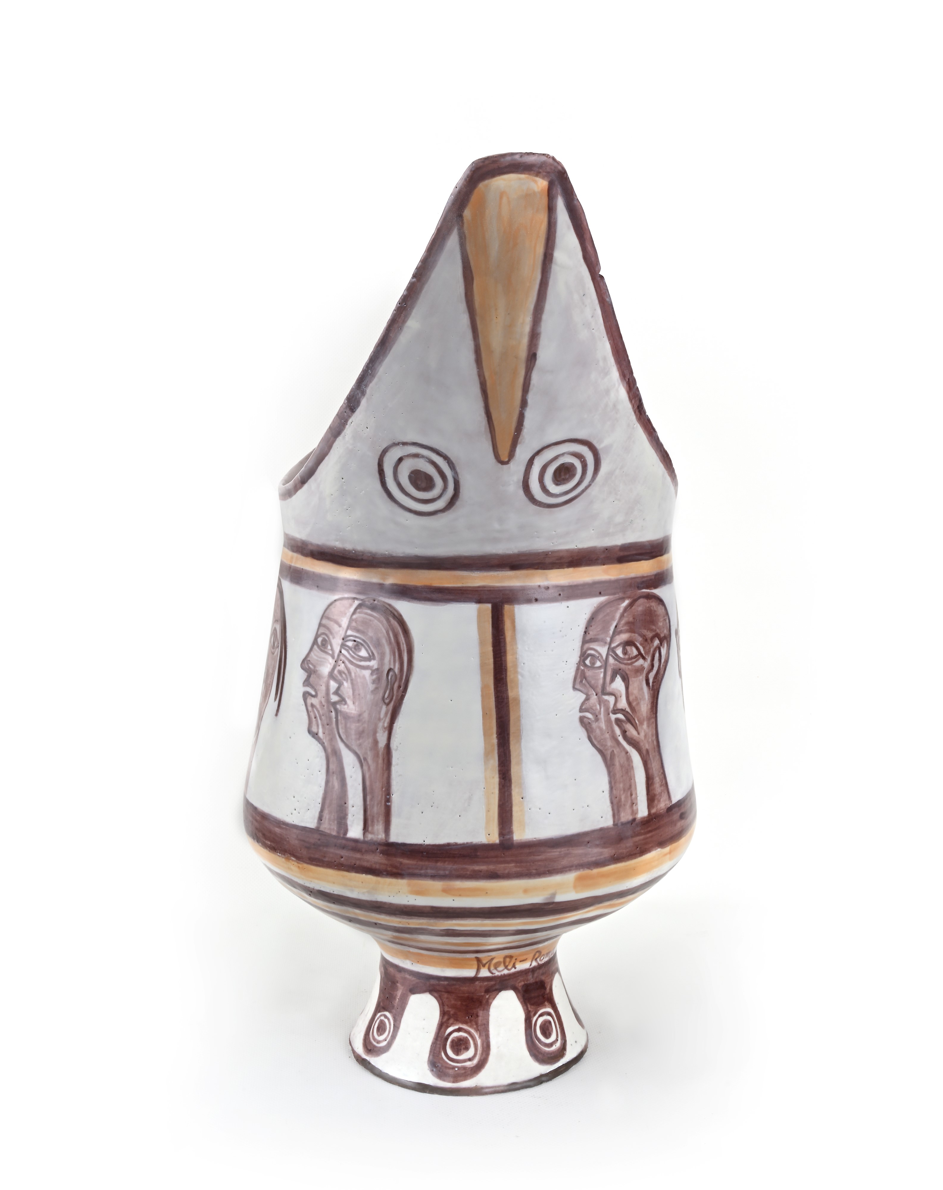 Vaso in terracotta smaltata decorata a motivi geometrici e figure umane