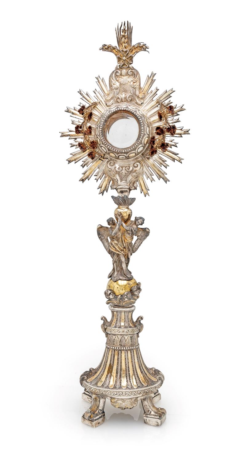 Ostensorio, in argento con angeli e tralci di vite smaltati