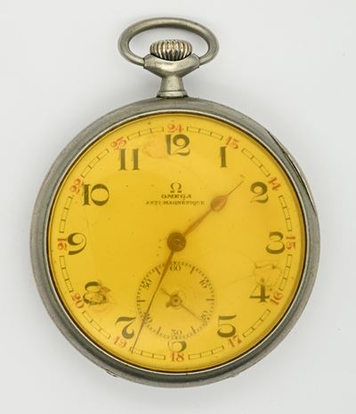 Omega, Orologio da tasca con scappamento ad ancora e spirale Breguet remontoir in acciaio (Cal. 1...