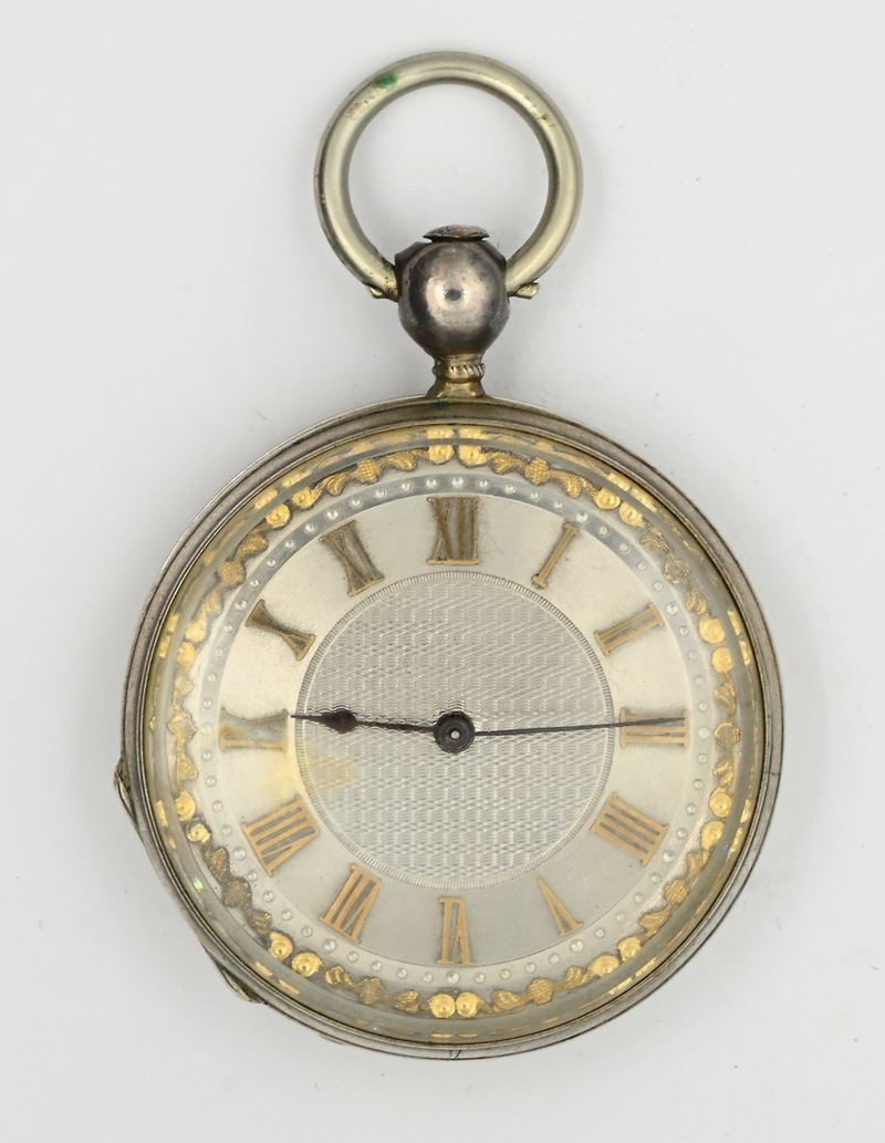 Orologio da tasca in argento 935/000, scappamento a cilindro e carica a chiavetta