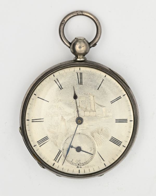 Rondet a Geneve - Orologio da tasca con scappamento a cilindro carica a chiavetta in metallo argentato con quadrante con incisione di un castello sul lago
