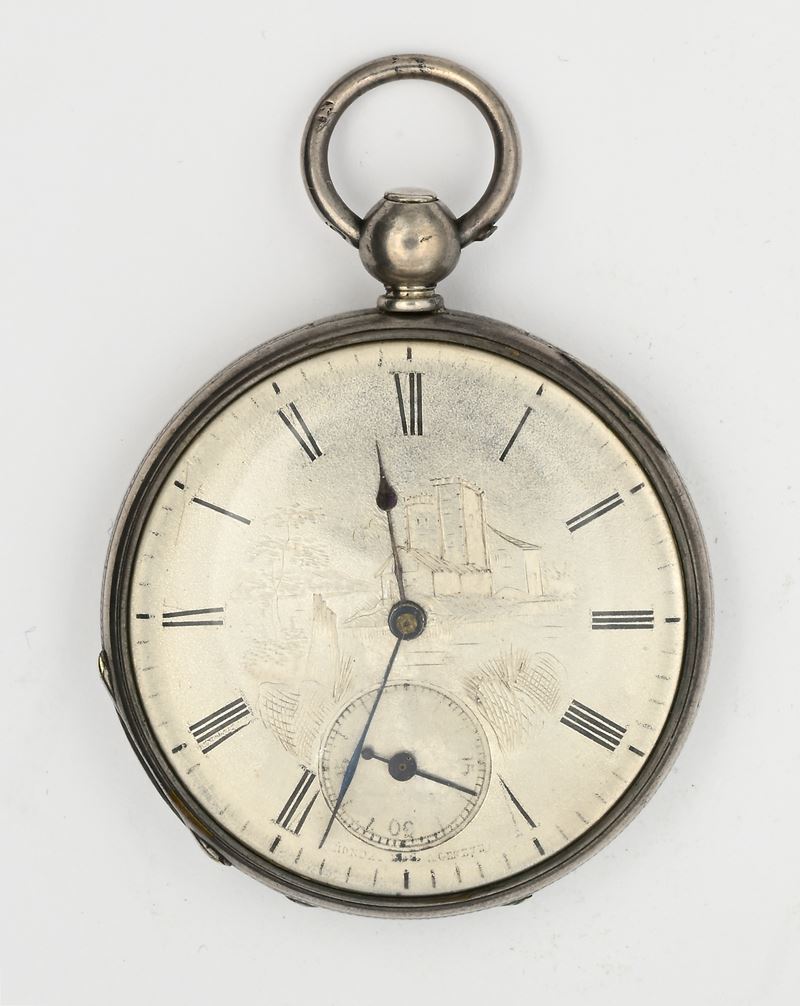 Orologio da tasca con scappamento a cilindro, carica a chiavetta, metallo argentato, quadrante co...
