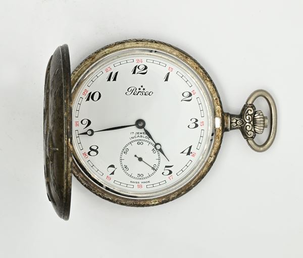 Perseo Incabloc Cristoforo Colombo (Cal. ETA 498) - Orologio da tasca savonette con scappamento ad ancora e spirale Breguet remontoir da uomo con cassa in metallo sbalzata con caravella e stemma