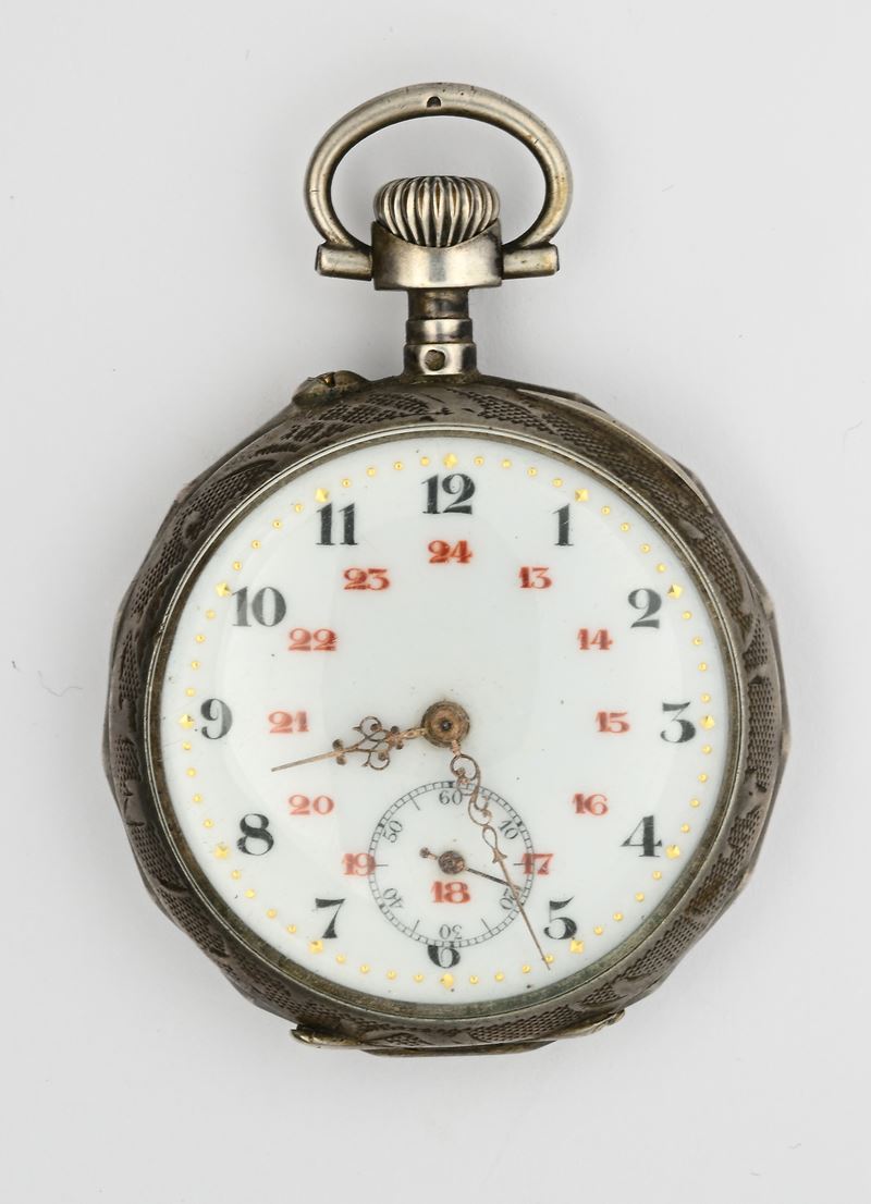 Orologio da tasca, scappamento a cilindro remontoir, in argento 800/000 con cassa con punzoni fra...