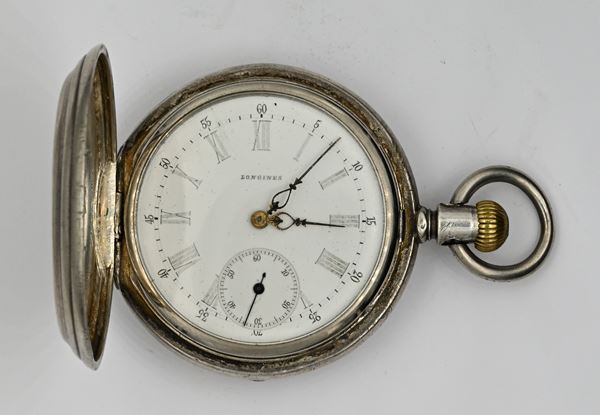 Longines Patented Gold Medal Paris 1878 - Orologio da tasca savonette con scappamento ad ancora e spirale Breguet remontoir da uomo in argento 800/000