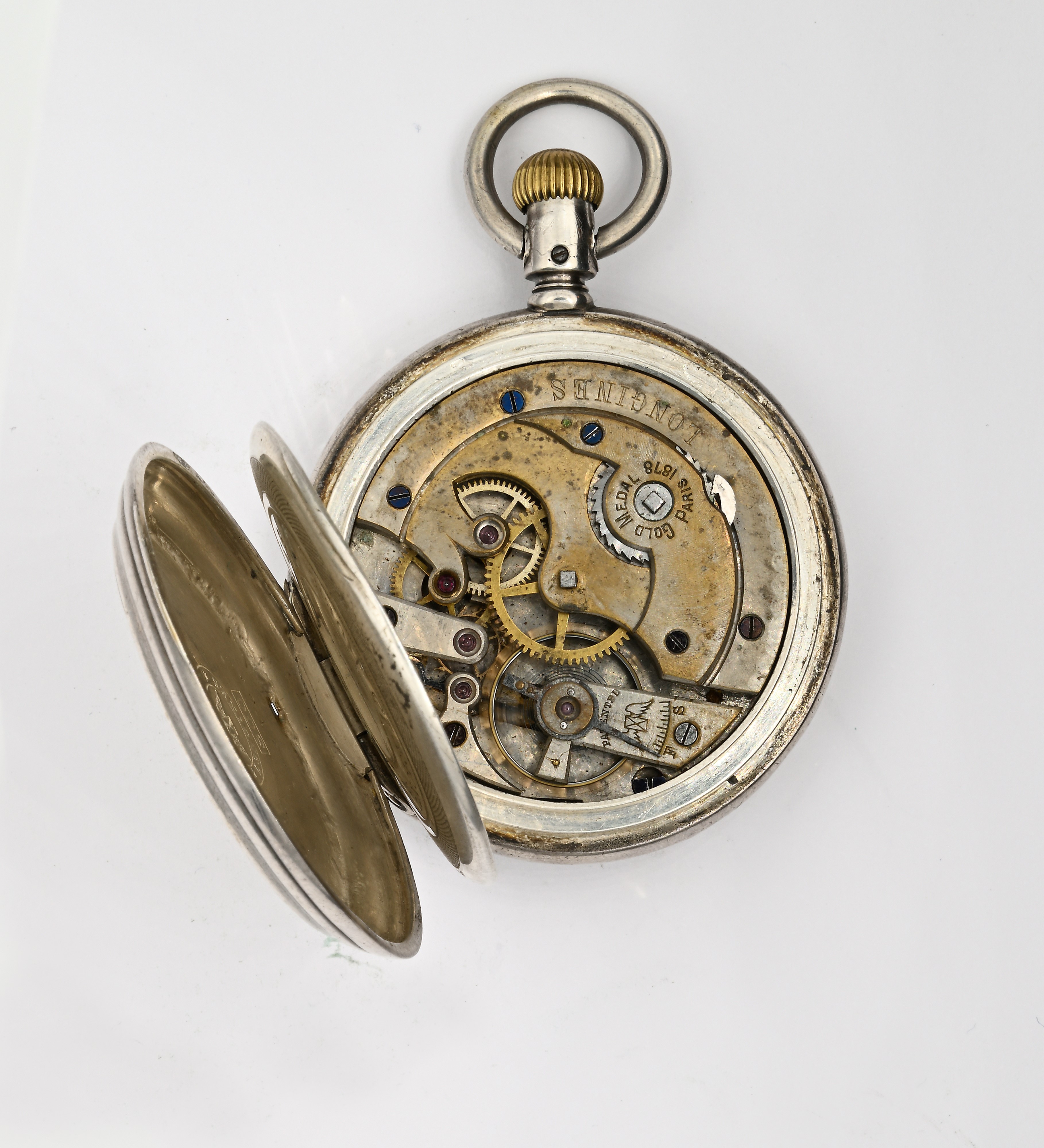 Longines, Orologio da tasca savonette con scappamento ad ancora e spirale Breguet “remontoir”