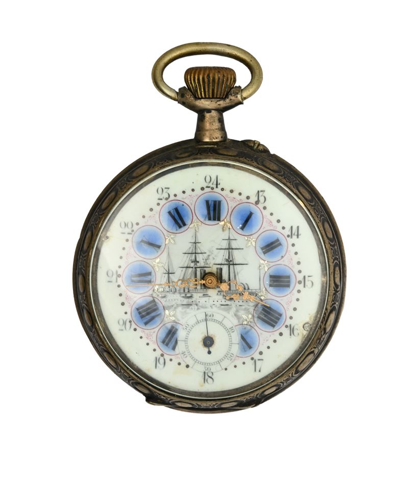 Orologio da tasca, scappamento ad ancora remontoir, cassa e cuvette in argento 800/000