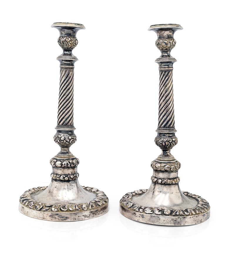 Gennaro Pane (attivo fino al 1878), Coppia di candelieri con “maruzzelle”, argento (Napoli)