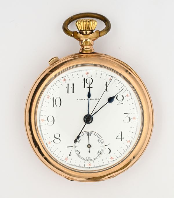 Auguste Sandoz Pat.d Dec. 7.80 - Orologio da tasca Cronografo rattrappante monopulsante con scappamento ad ancora con regolazione micrometrica remontoir da uomo in metallo laminato in oro giallo