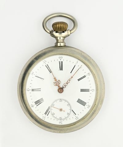 Orologio da tasca maschile, scappamento a cilindro remontoir, metallo, fine XIX secolo