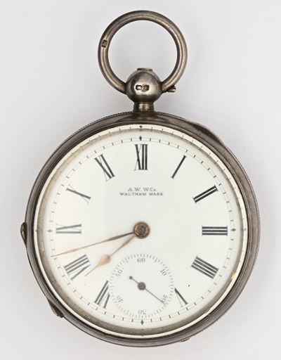 A.W. Watch Co. (Waltham, Massachusetts), Orologio da tasca in argento sterling con scappamento ad...
