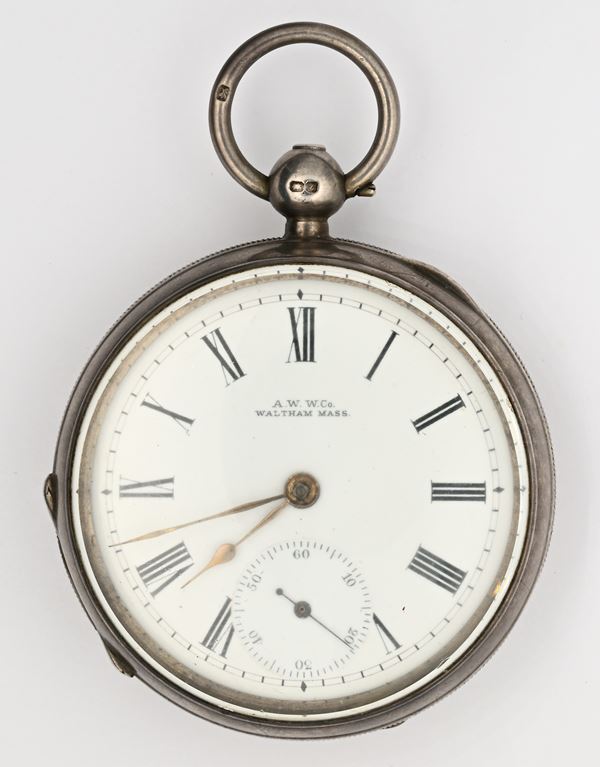 A.W. Watch Co. Waltham Mass. - Orologio da tasca con scappamento ad ancora carica a chiavetta da uomo in argento sterling con cassa punzonata Birmingham 1899