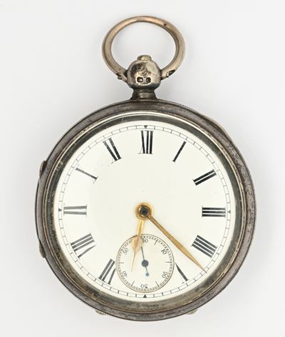 Orologio da tasca maschile, scappamento ad ancora a carica a chiavetta, argento sterling punzonat...