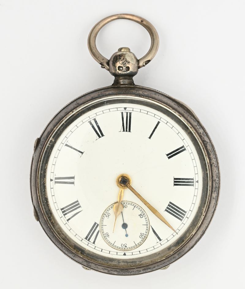 Orologio da tasca maschile, scappamento ad ancora a carica a chiavetta, argento sterling punzonat...