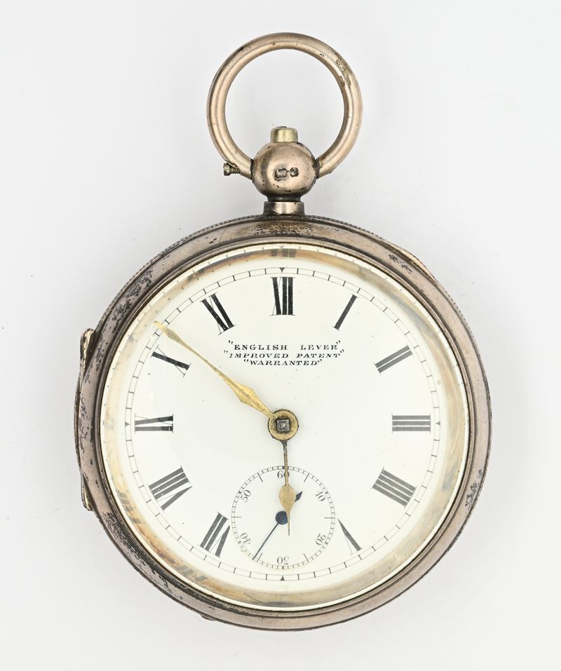 Orologio da tasca con scappamento ad ancora inglese, Improved Patent, argento sterling punzonato ...