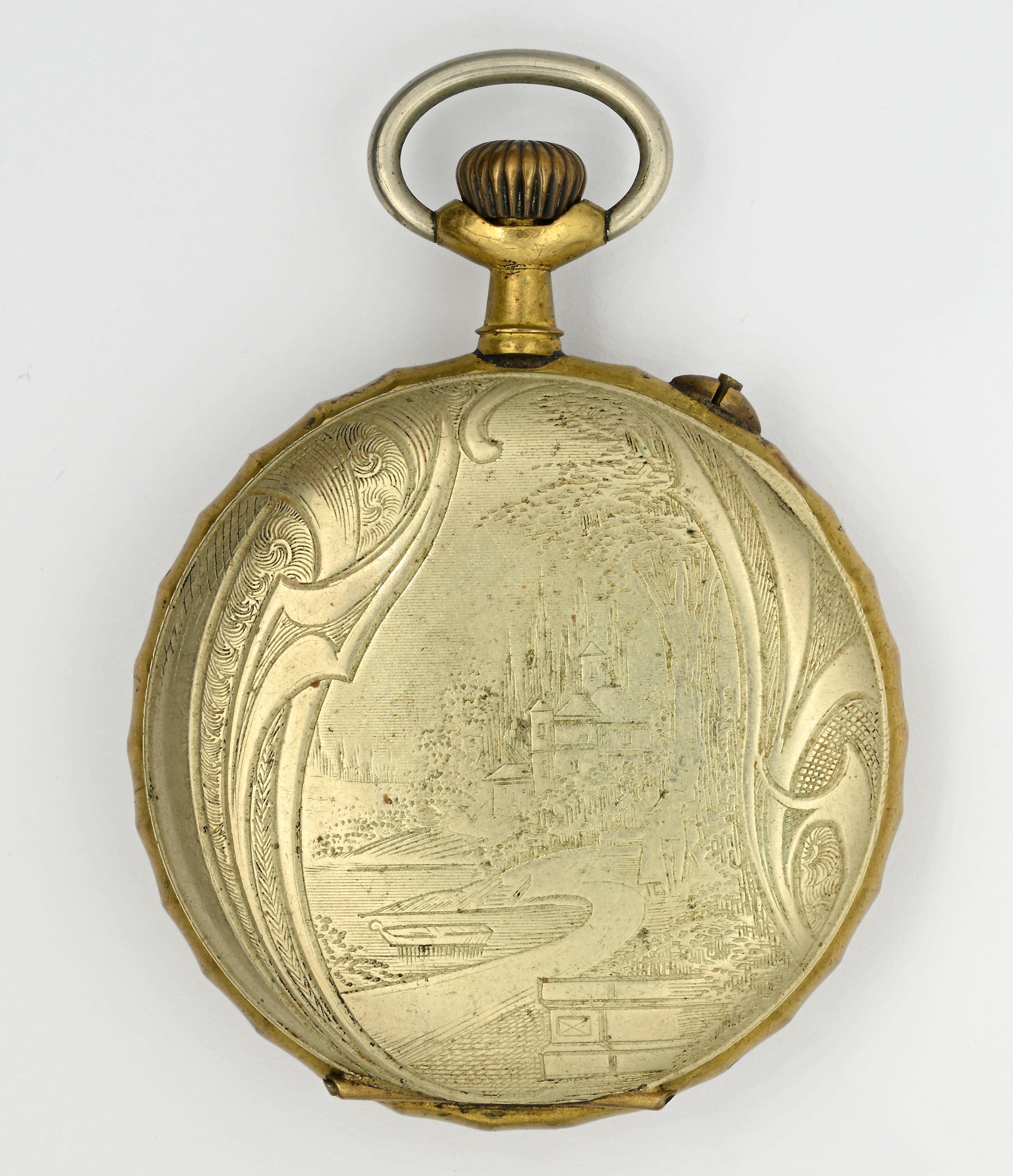 Orologio da tasca, scappamento Roskopf remontoir in metallo, cassa decorata con scena di paesaggi...
