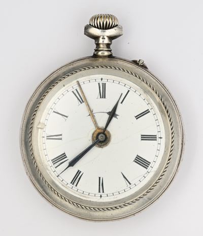 Anonimo svizzero, Orologio da tasca svegliarino (Patent N° 17104) in argento 800/000, diam. 55 mm