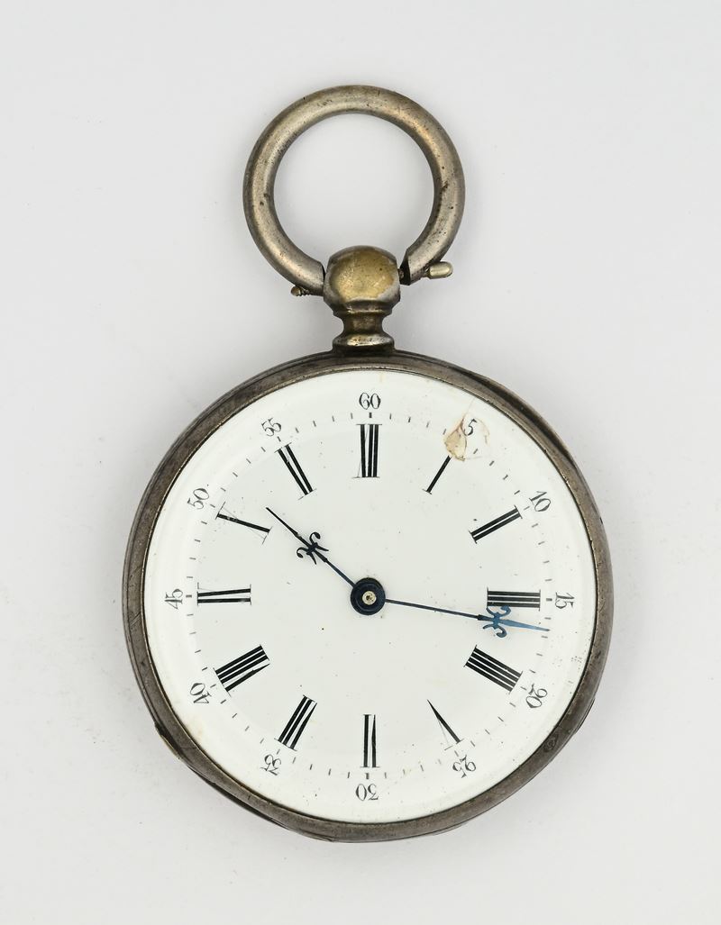 Orologio da tasca in argento con scappamento a cilindro, carica a chiavetta, 8 rubini (circa 1880...