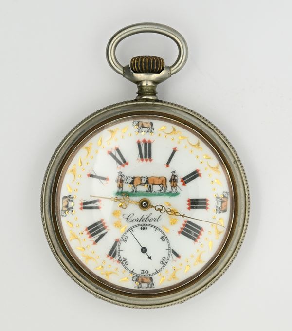 Cortebert (Cal. 542) - Orologio da tasca con scappamento ad ancora remontoir da uomo in metallo. Quadrante e cassa con raffigurazioni pastorali