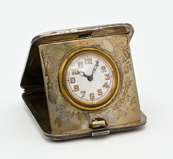 Anonimo svizzero - Orologio da tavolo con scappamento ad ancora remontoir con astuccio in argento sterling con punzoni Birmingham 1923