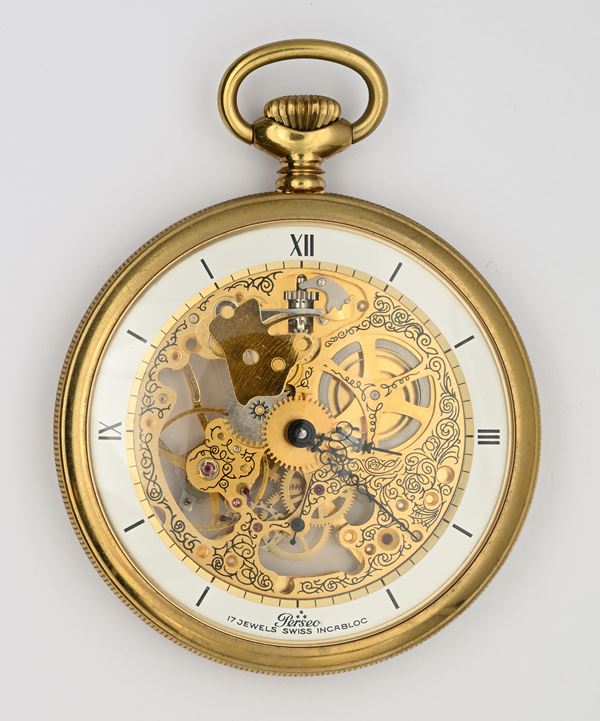 Perseo - Orologio da tasca scheletrato con scappamento ad ancora remontoir da uomo in metallo placcato in oro giallo 