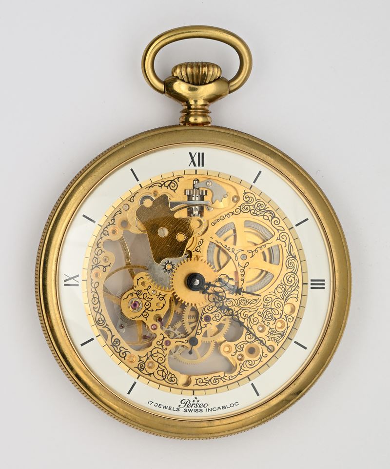 Orologio da tasca scheletrato “Perseo”, metallo placcato in oro giallo, remontoir, 17 rubini, con...