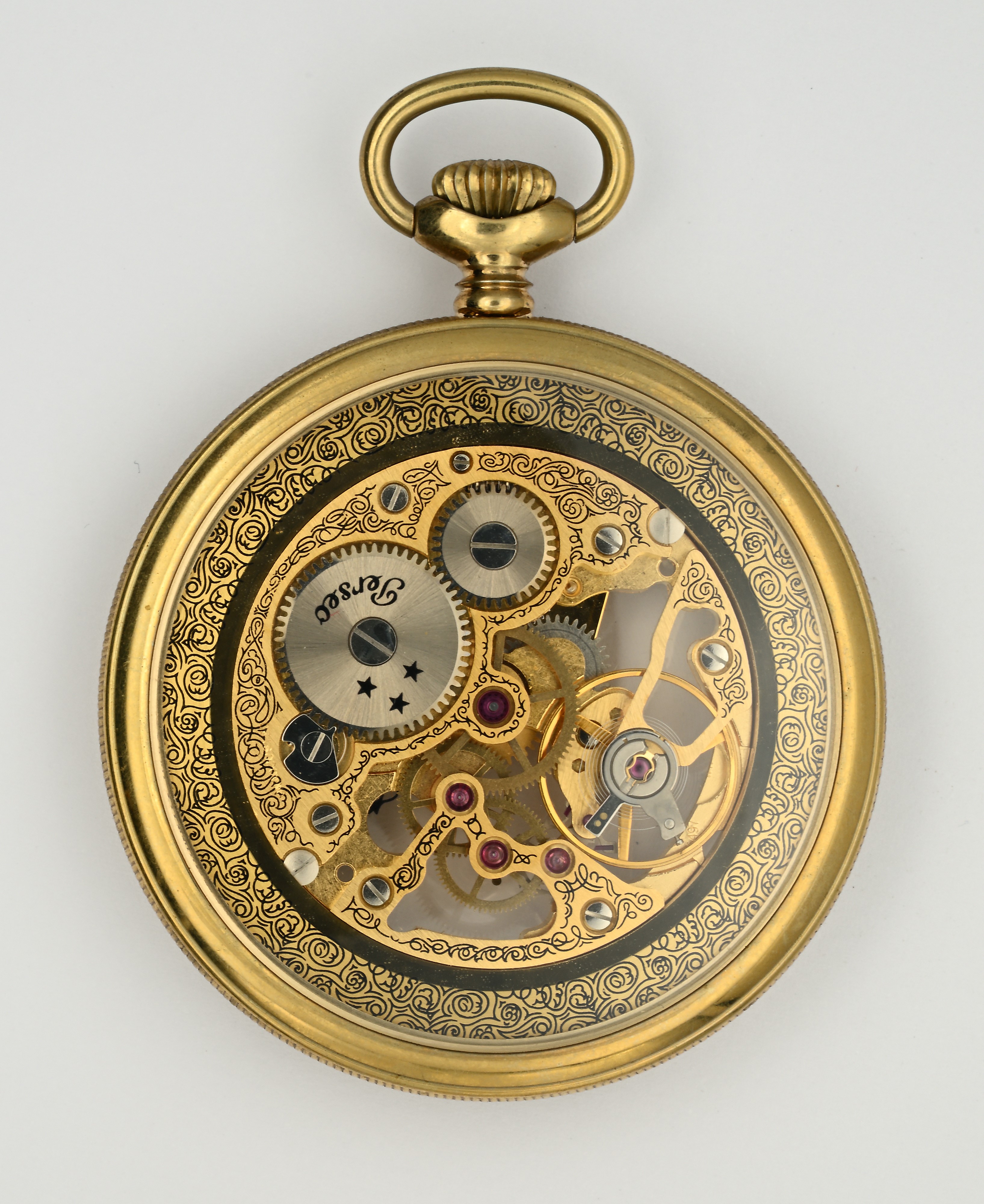 Orologio da tasca scheletrato “Perseo”, metallo placcato in oro giallo, remontoir, 17 rubini, con...
