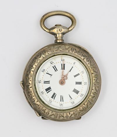 Orologio da tasca monachino, scappamento a cilindro, carica a chiavetta, argento con 8 rubini