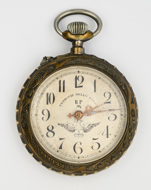 Ferrovie dello Stato BP M - Orologio da tasca con scappamento Roskopf (Brevet 22872) remontoir da uomo in metallo con scena sul retro 