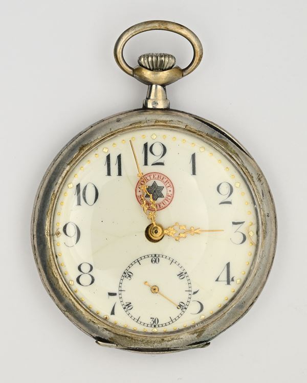 Cortebert Superieure - Orologio da tasca con scappamento ad ancora remontoir da uomo in argento 800/000, con smalto raffigurante un cavallo sul retro della cassa 