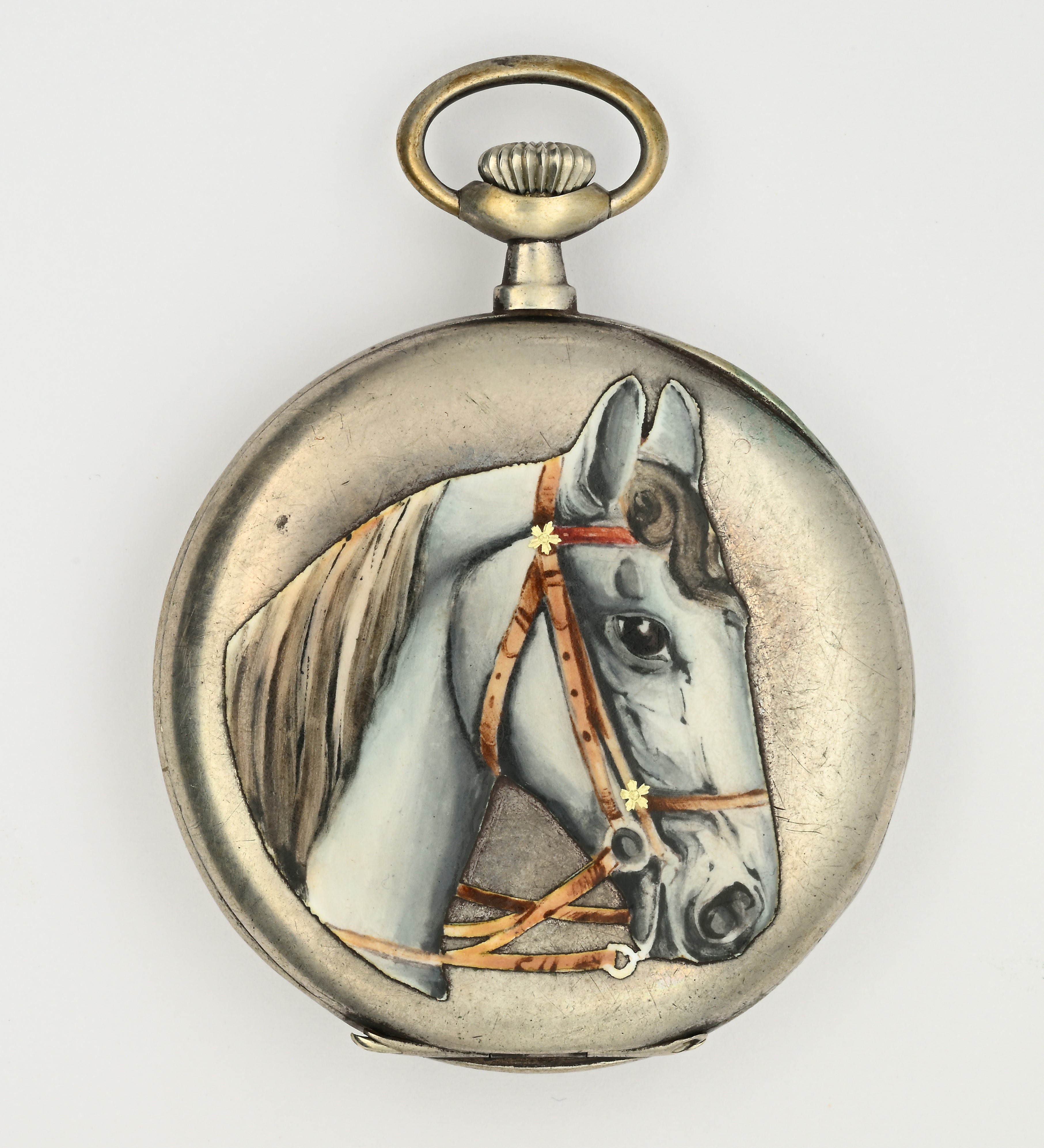 Cortebert Superieure, Orologio da tasca da uomo in argento 800/000 con smalto raffigurante un cav...